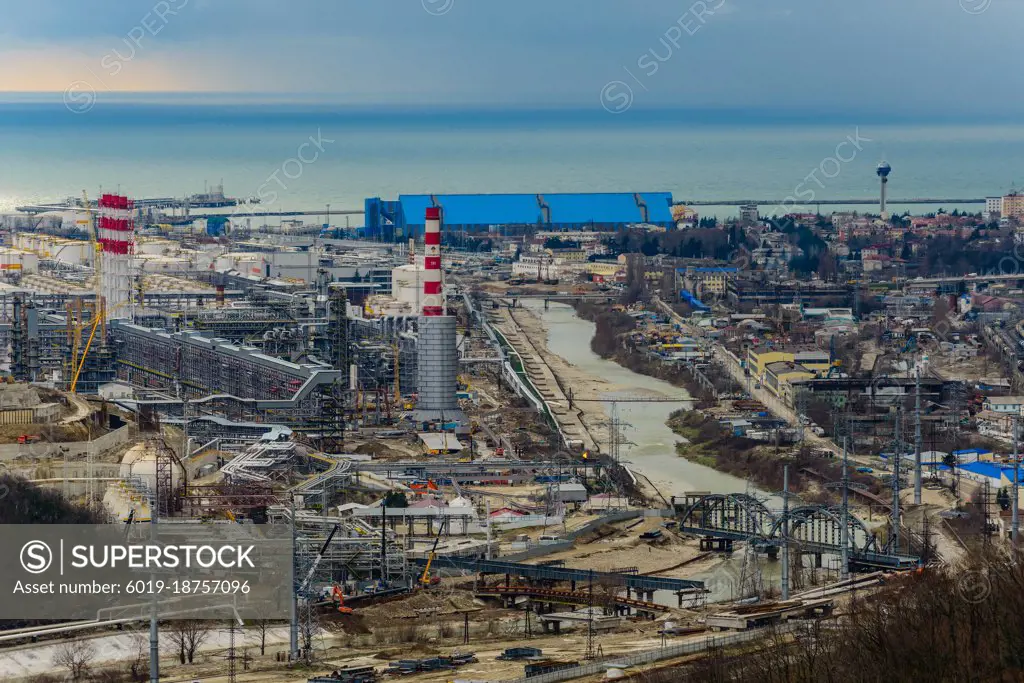 Russia, Tuapse, oil refinery and seaport, top view.