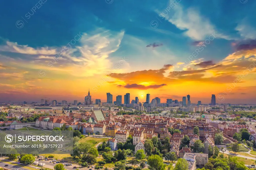 Aerial panorama of Warsaw, Poland  over the Vistual river and Ci