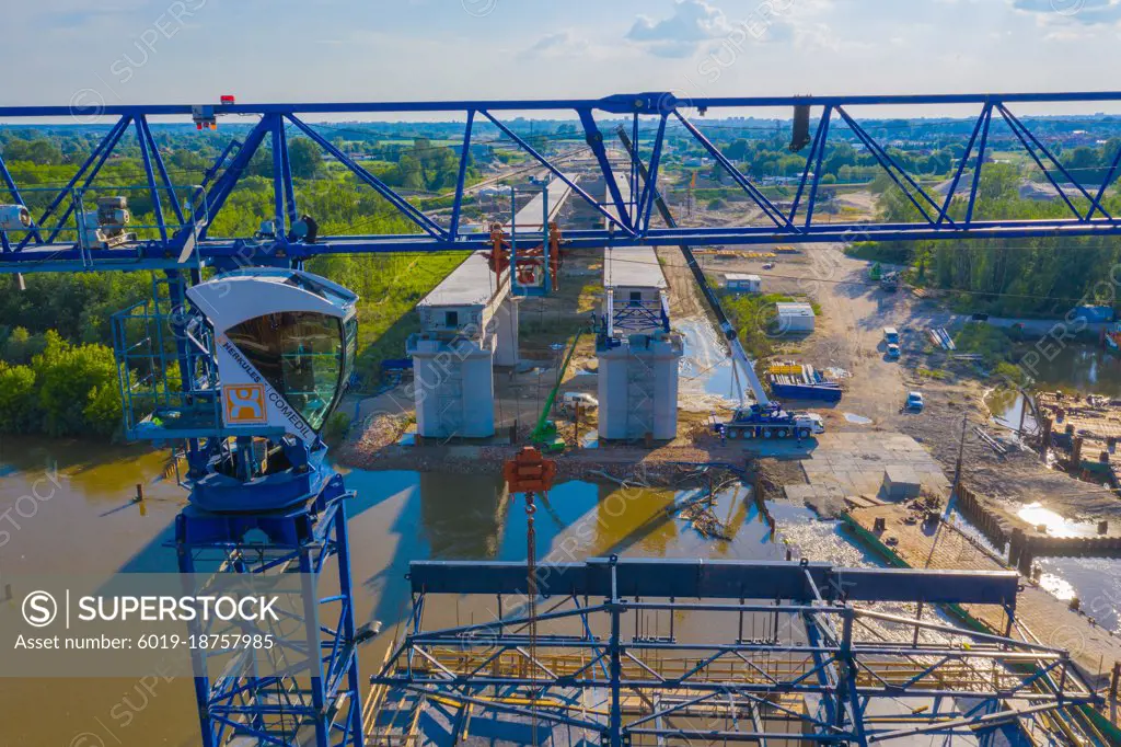 Aerial view of highway bridge under construction. Poland Warsaw,