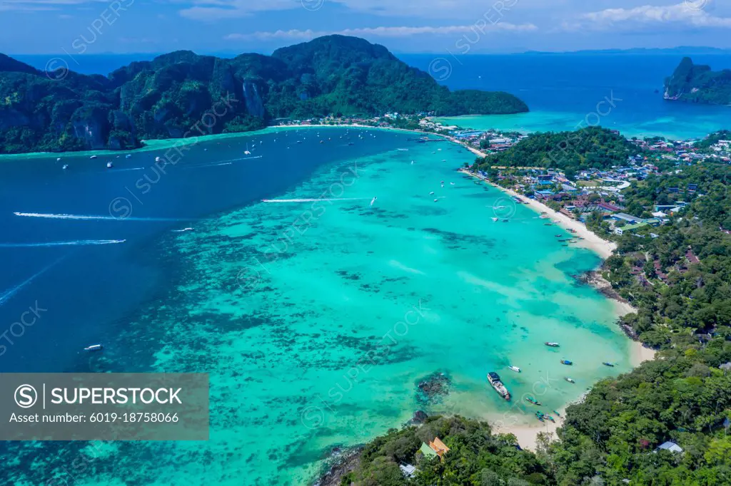 Aerial view of Phi Phi, Maya beach with blue turquoise seawater,