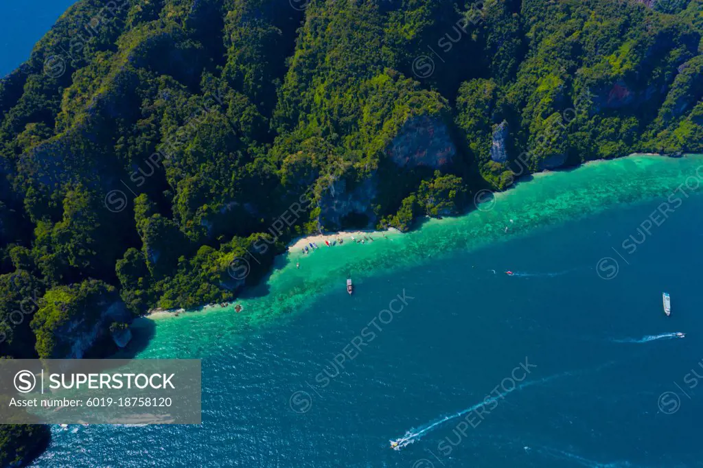 Monkey Beach panoramic aerial view in Phi Phi Don, Thailand.