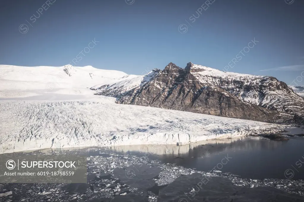 lake and glacier moraine from aerial view