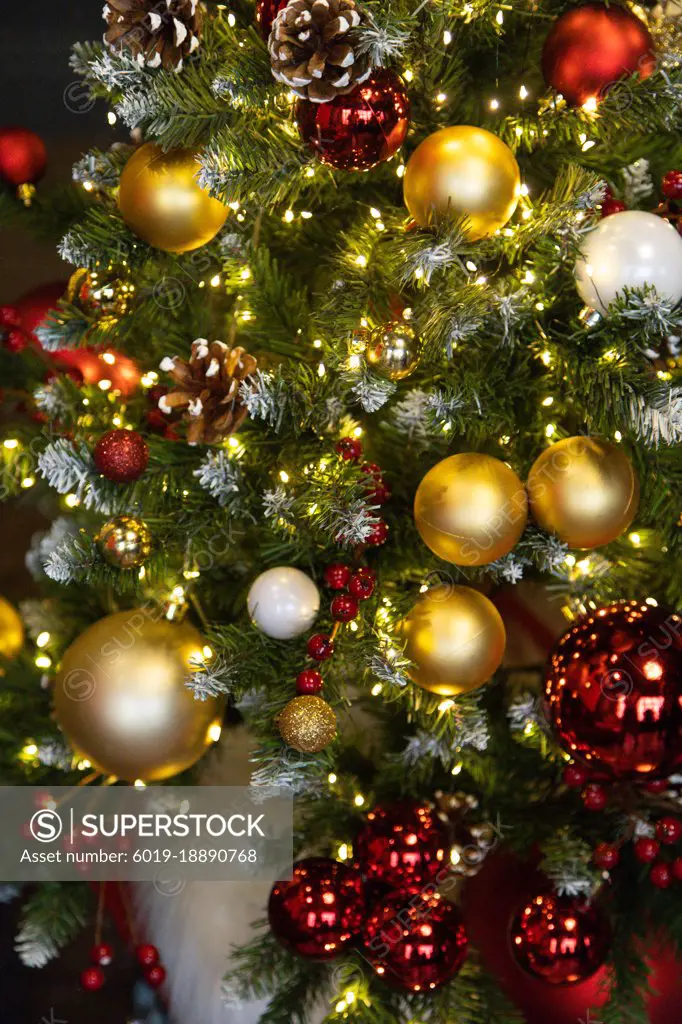 Christmas tree with red and gold toys