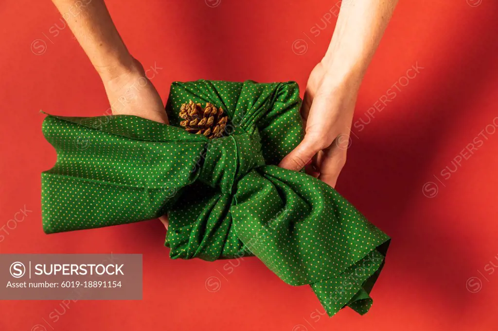 Hand Holding Fabric Wrapped Present