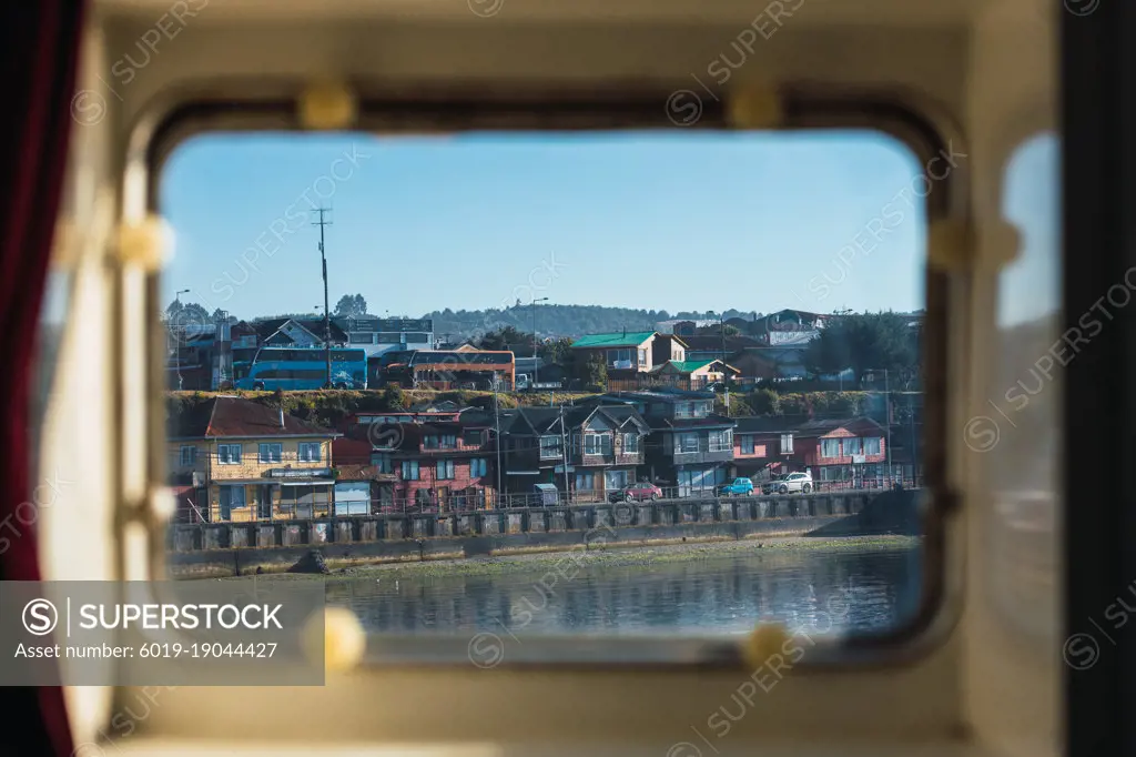 Quellón seen from inside the ferry boat. Chiloé, Chile.