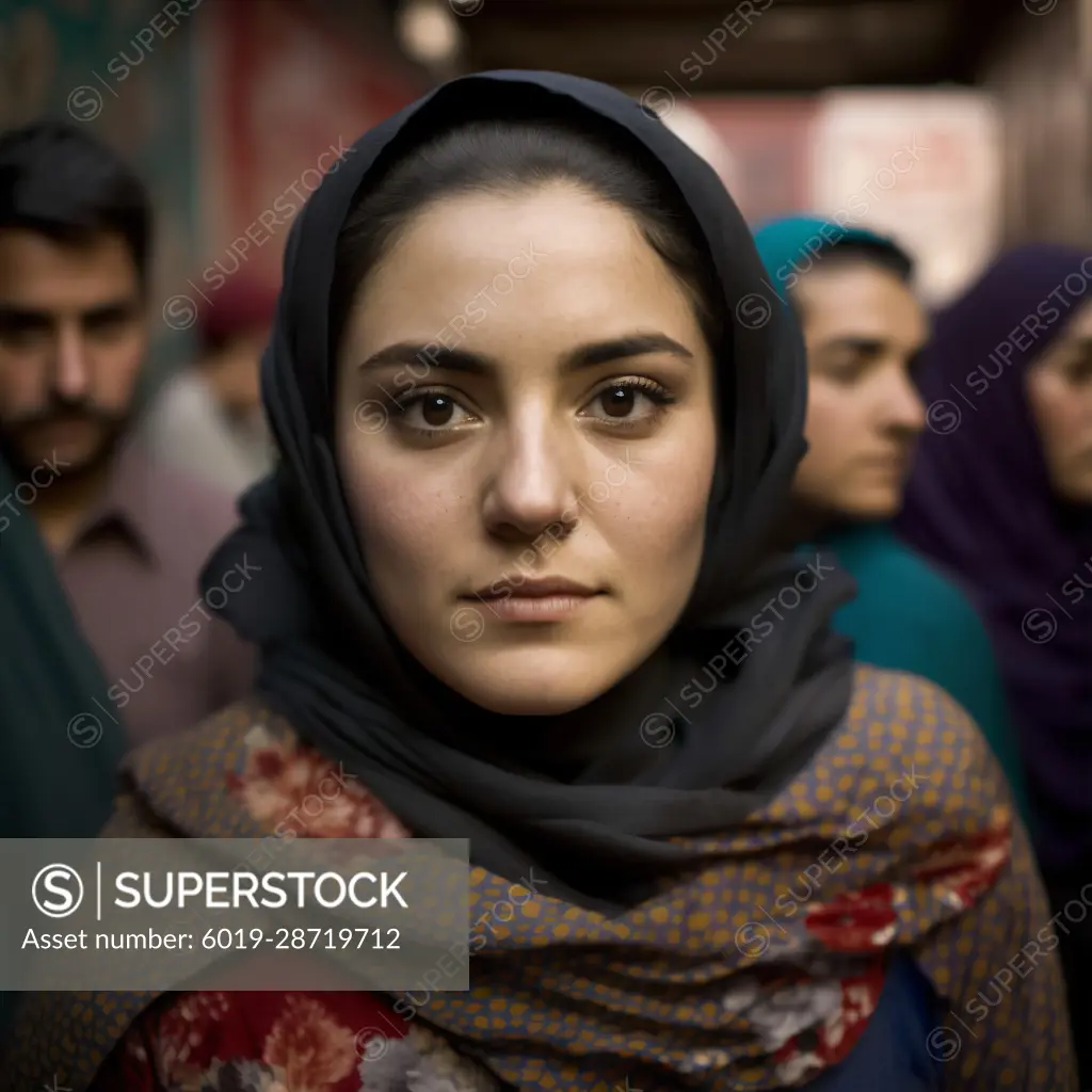 Image AI. Iranian woman leading a demostration - SuperStock