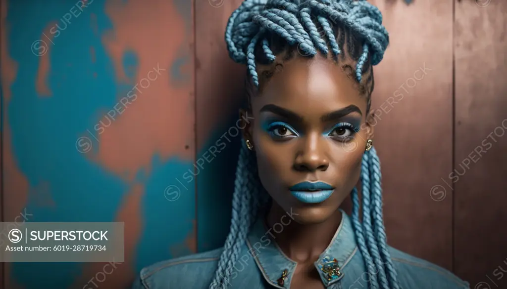 Image Generated AI. Afro female model wearing light blue braids