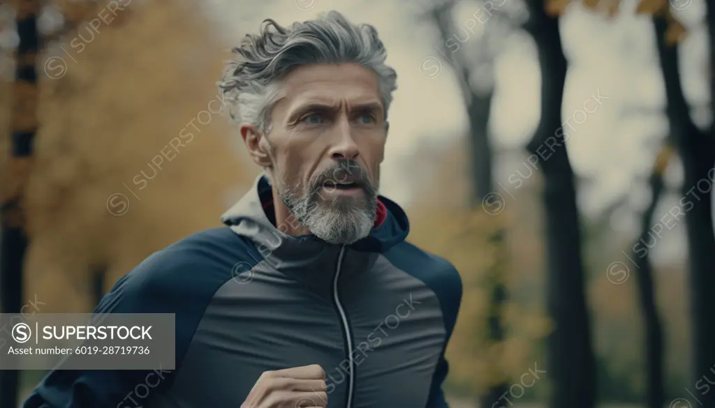 Image Generated AI. Mid age man running in a park