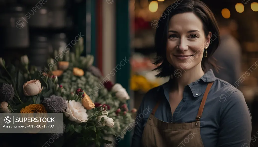 Image Generated AI. Portrait of a flower shop owner