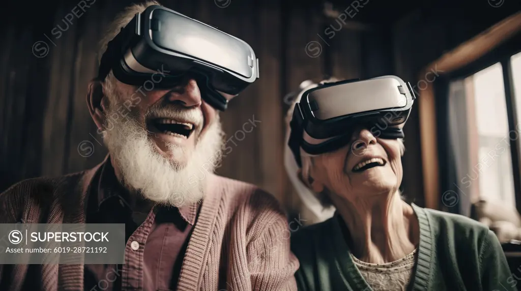 Happy senior couple using virtual reality glasses  AI generated