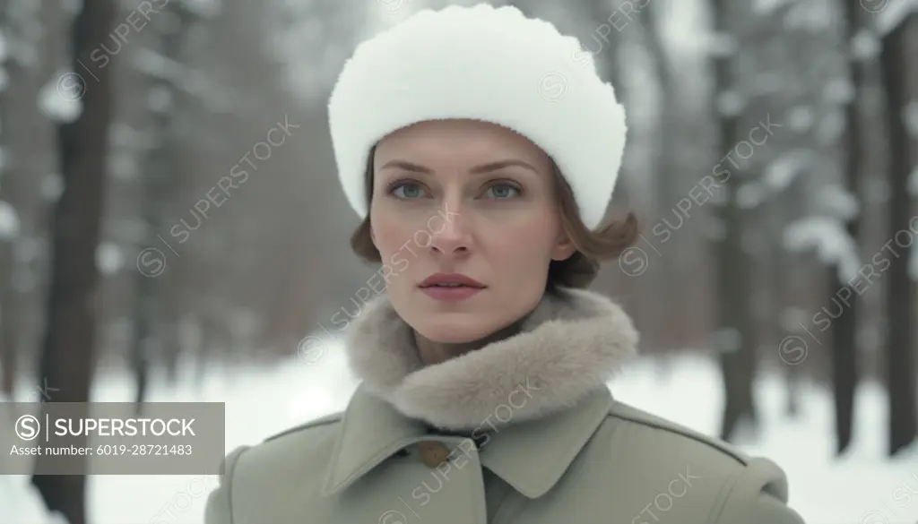 Image Generated AI. Portrait of a woman in snowy forest