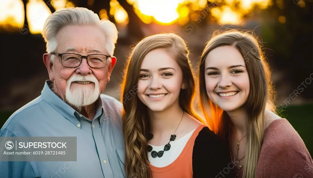 Image AI. Senior man and his granddauthers spending time together