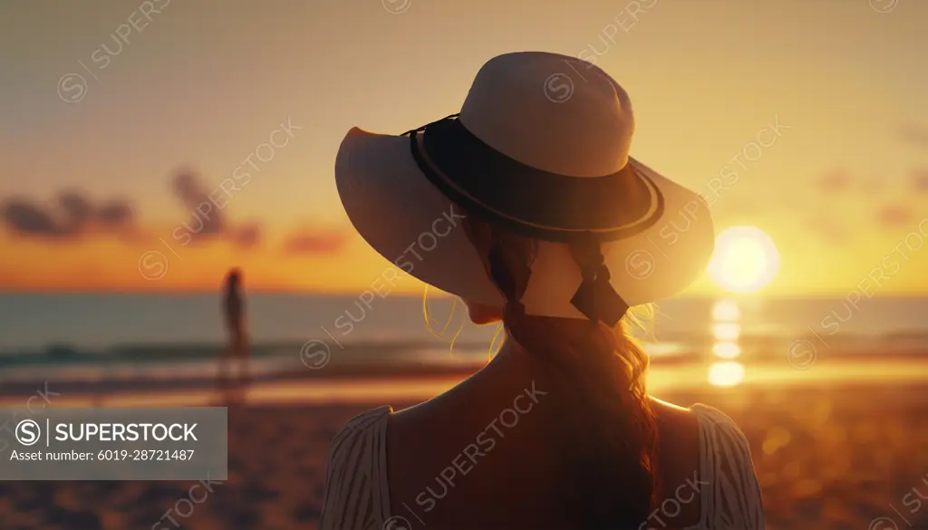 Image Generated AI. Woman standing on the beach contemplating the sea