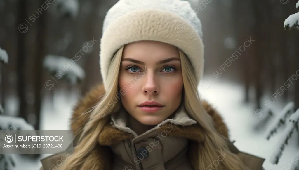 Image AI. Portrait of a beautiful blond hair woman in a snowy forest