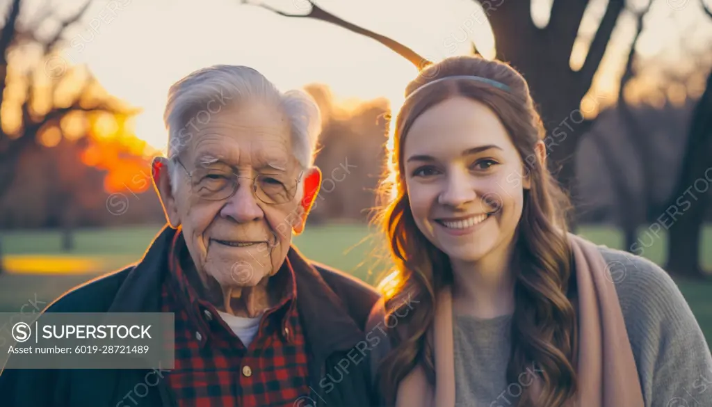 Image AI. Portrait of a elder man and his granddauther