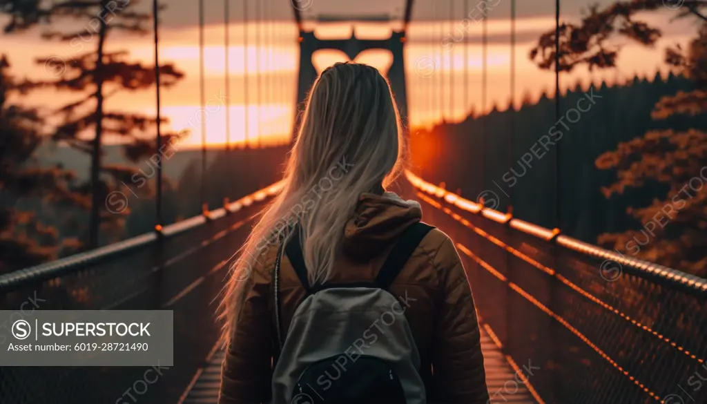 Image AI. Woman traveling about to cross a suspension bridge