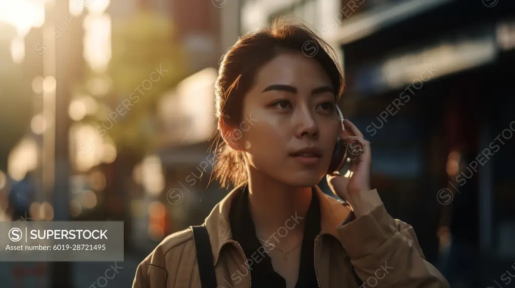 Image Generated AI. Asiatic  woman on mobile while walking on street