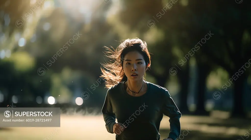 Image Generated AI. Beautiful young asiatic lady running in a park