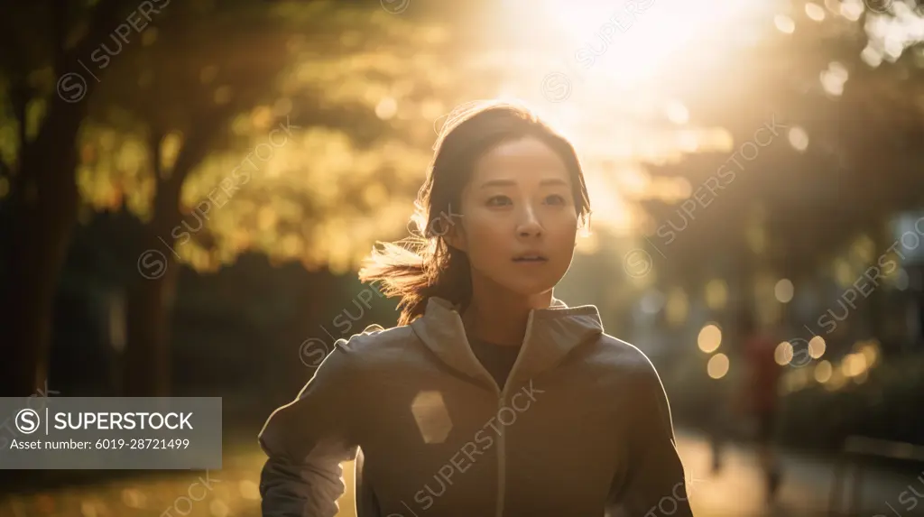 Image Generated AI. Young adult asian woman running on street