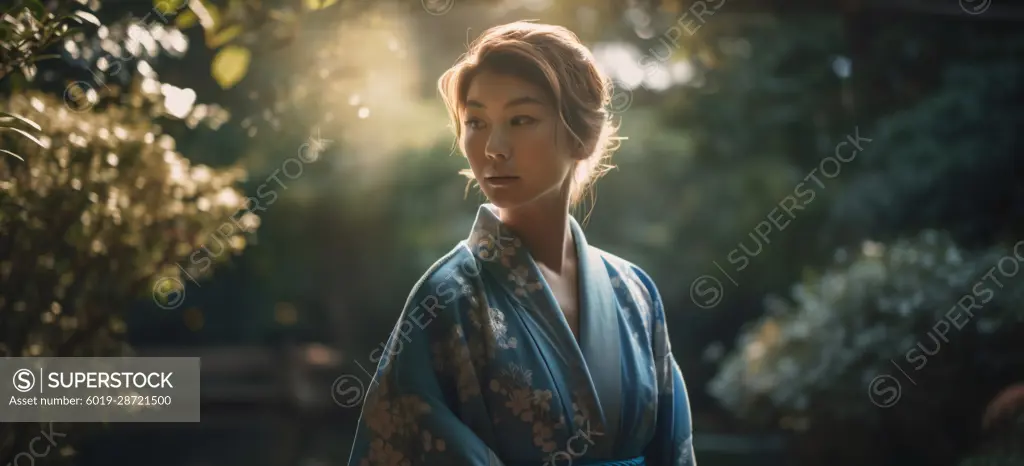 Image Generated AI. Japanese woman wearing blue kimono in a  garden