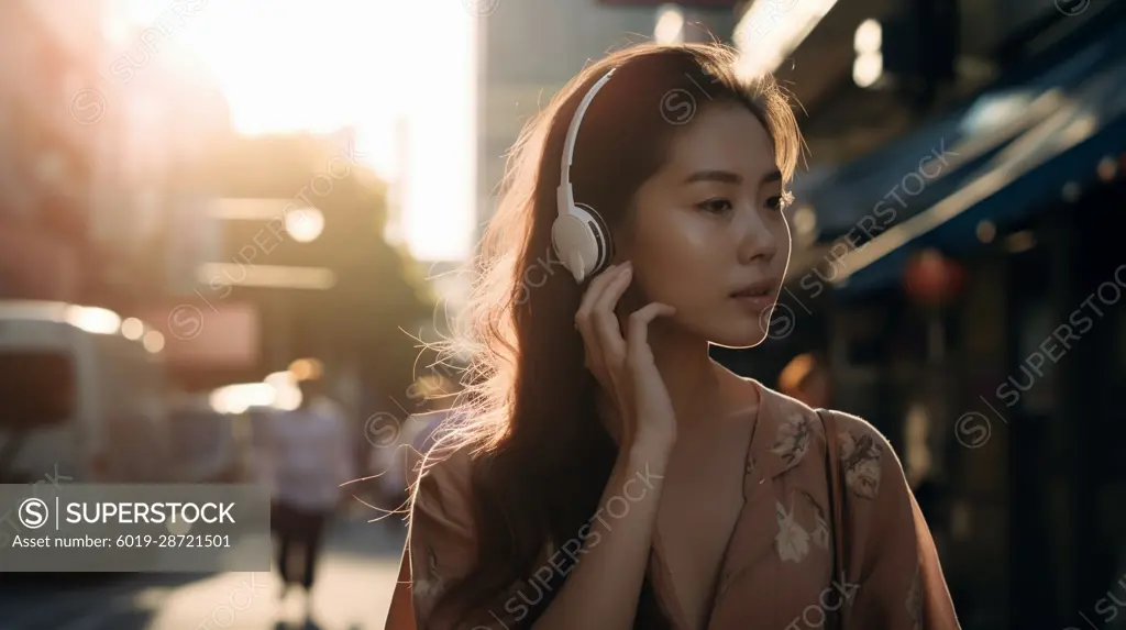 Image Generated AI. Asian woman listening music on street