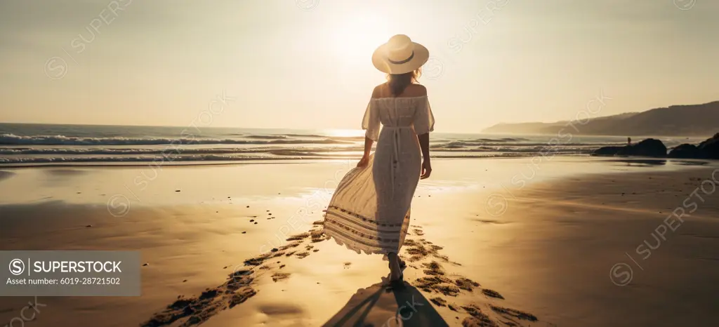 Image Generated AI. Woman walking on the beach in the morning