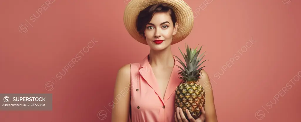 Image Generated AI. Woman on spring/summer clothes holding a pineappel