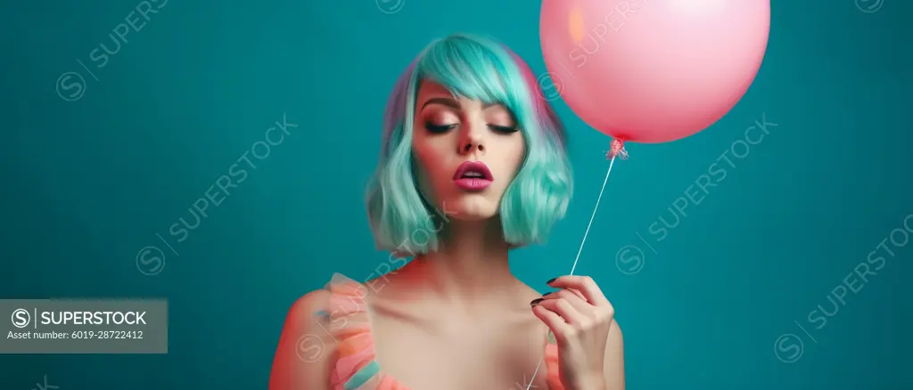 Image Generated AI. Carefree woman on aquamarine wig holding a balloon