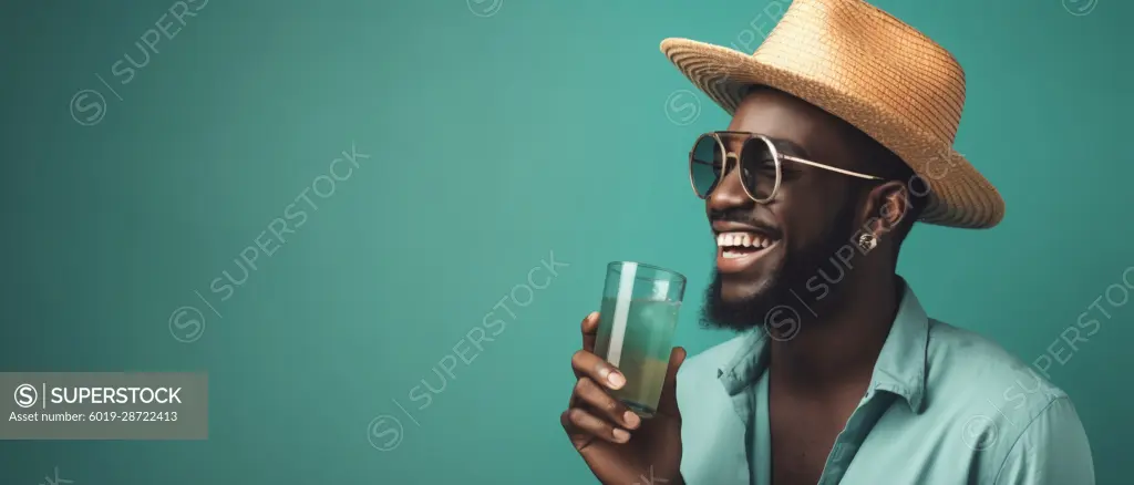 Image Generated AI. Happy afro man  having cocktail