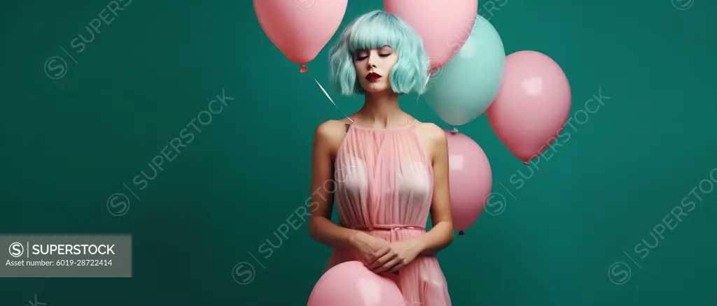 Image Generated AI. Woman on pink summer dress with balloonsl