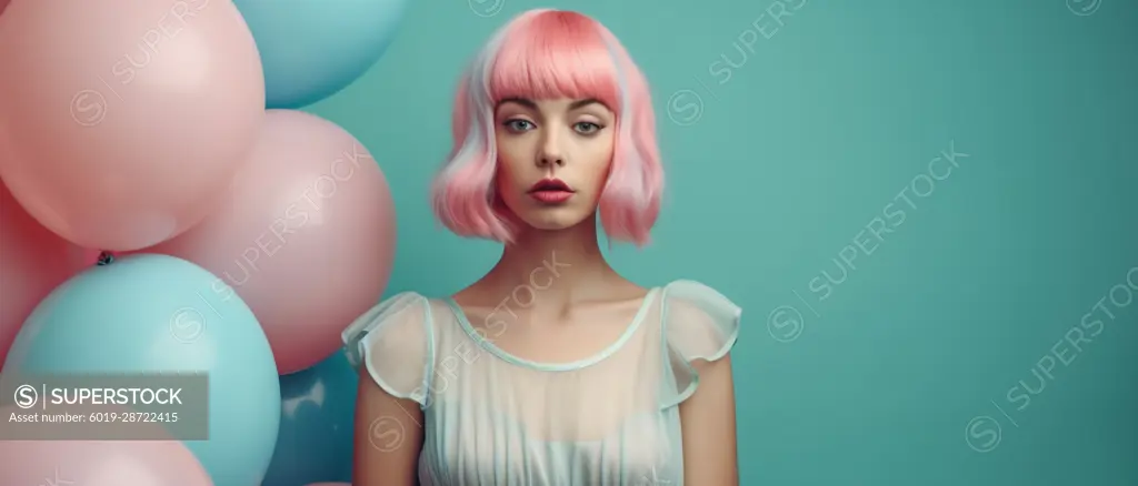 Image Generated AI. Female on blue summer dress and pink wig