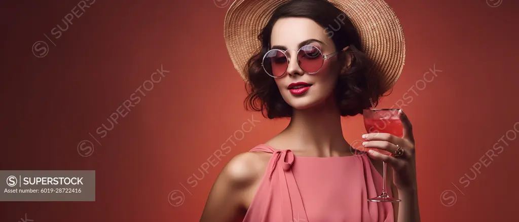 Image Generated AI. Woman on pink summer dress having a cocktail