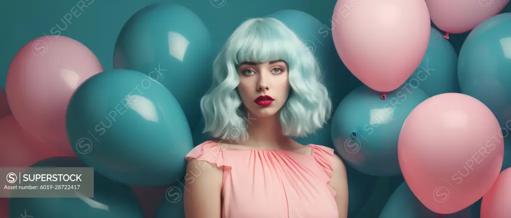 Image Generated AI. Woman standing among colorful ballons