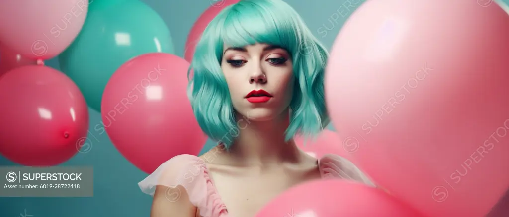 Image Generated AI. Woman on  blue wig standing among balloons