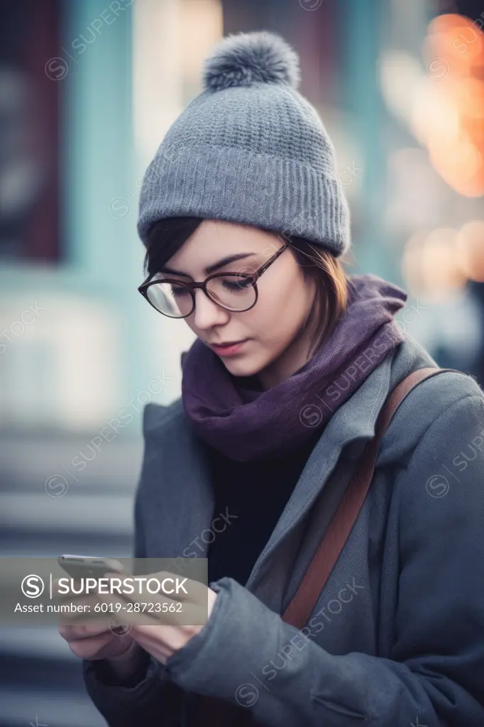 Portrait of young  girl in light coat and scarf AI Generative