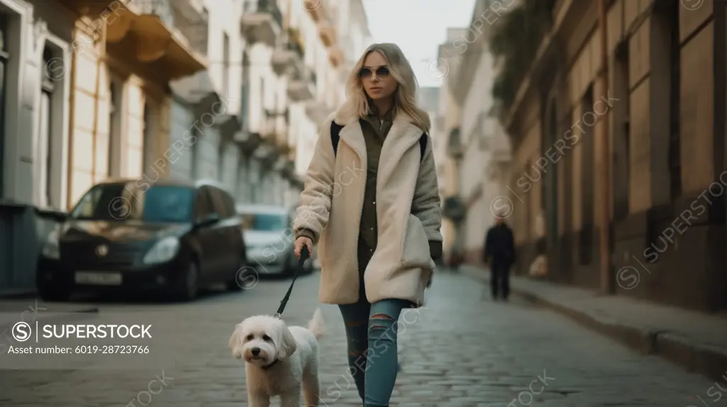 Image Generated AI. Young adult blonde woman walking with his dog