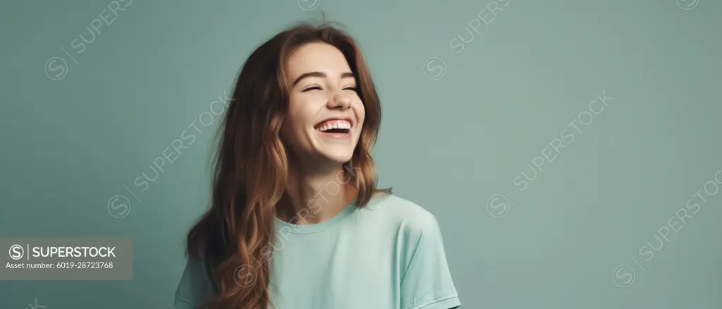 Image Generated AI. Young brunette female laughing happily