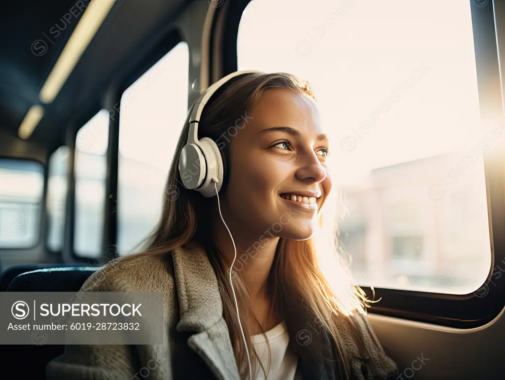 Young girl with headphones traveling by train. AI generative.