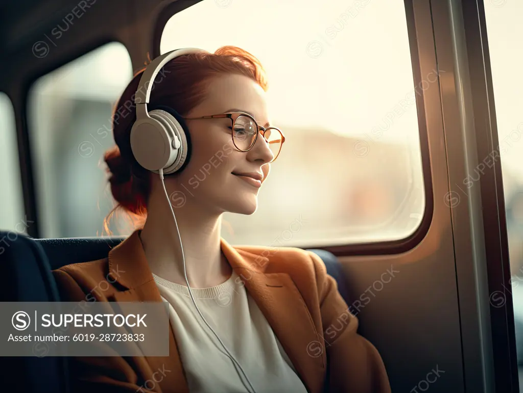 Young girl with headphones traveling by train. AI generative.