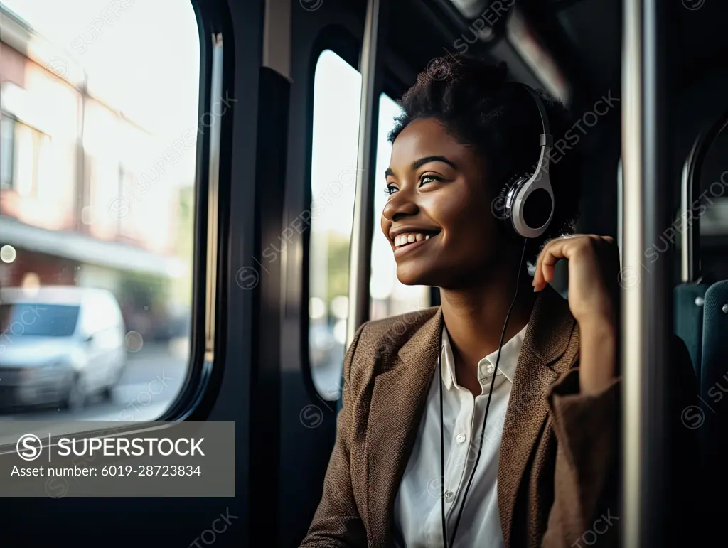 Young girl with headphones traveling by train. AI generative.