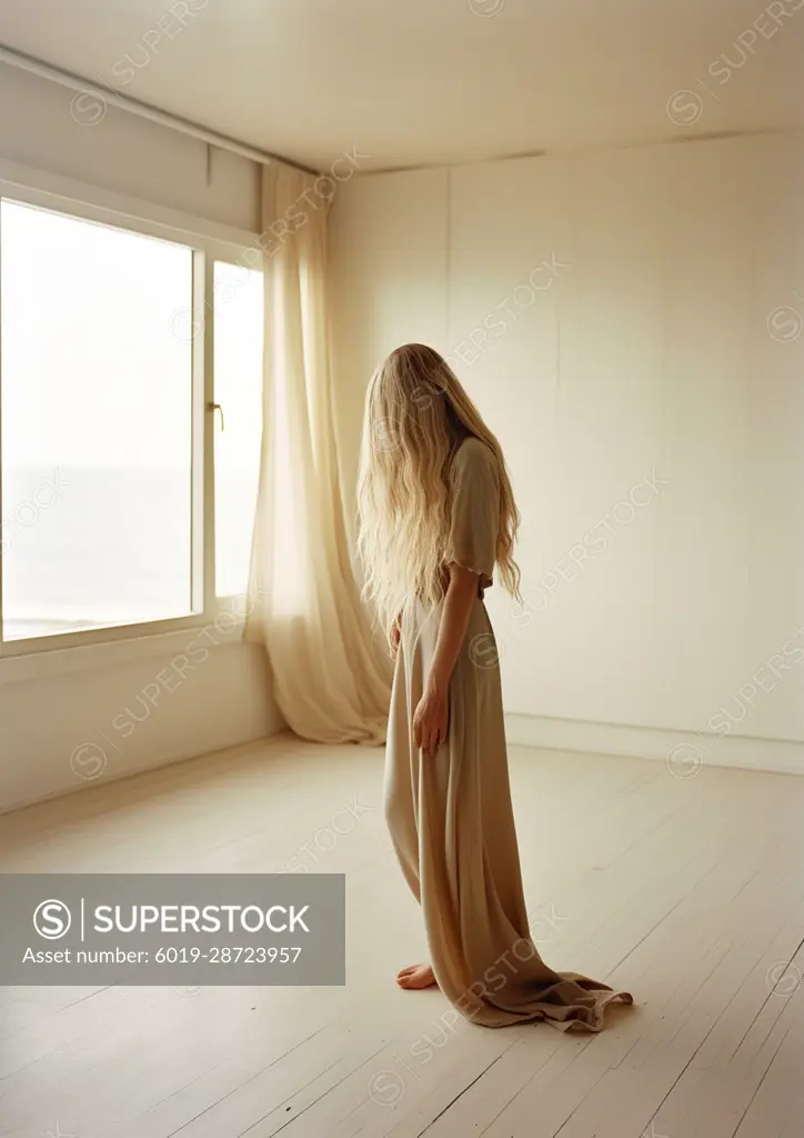 AI Generative. Young barefoot woman in an empty room, depressed