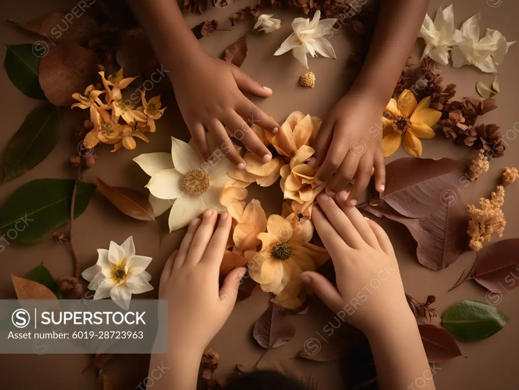 AI Generative. Flowers and leaves in child's hands, flat lay, top view