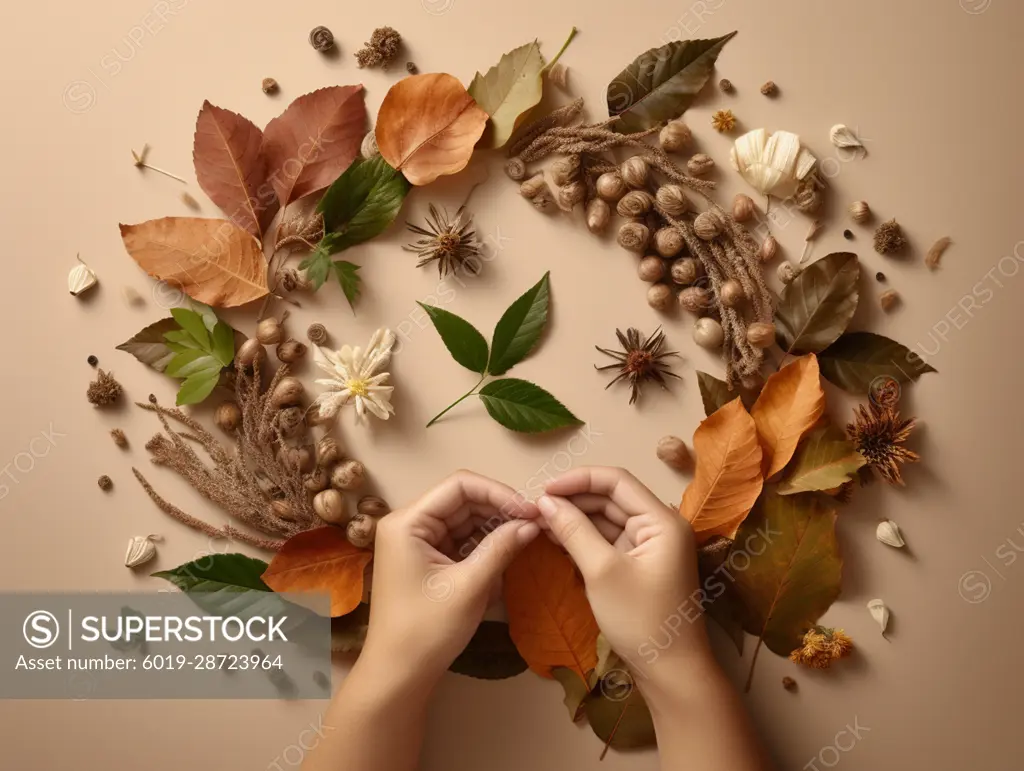 AI Generative. Flowers and leaves in child's hands, flat lay, top view