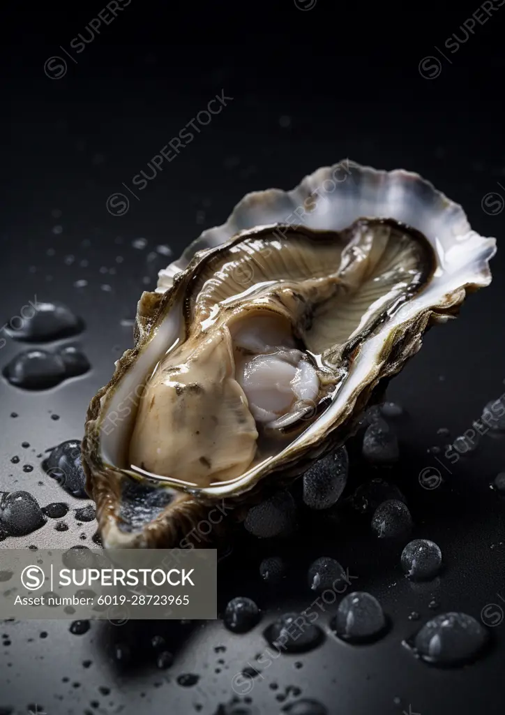 AI Generative. Open shucked fresh oysters. Macro photo.