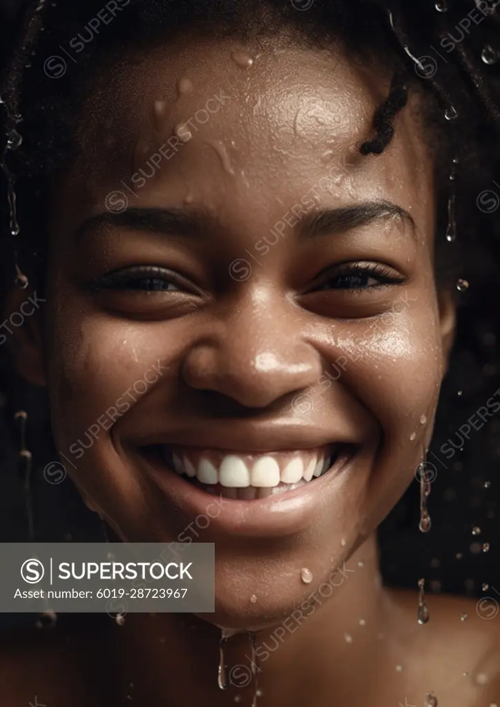 AI Generative. Cute African American splashes water to clean her face