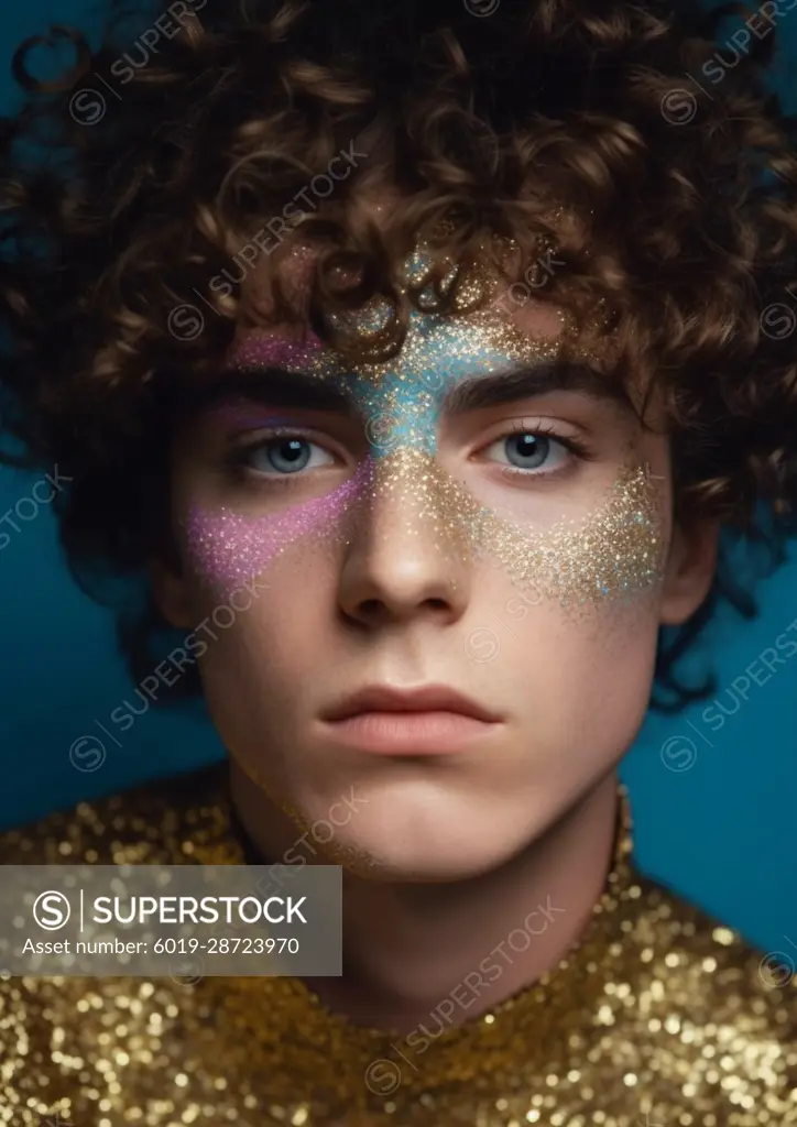 AI Generative. Curly haired male with glowing neon glitter makeup