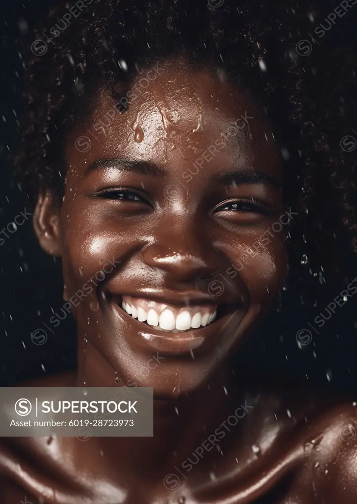 AI Generative. Cute African American splashes water to clean her face