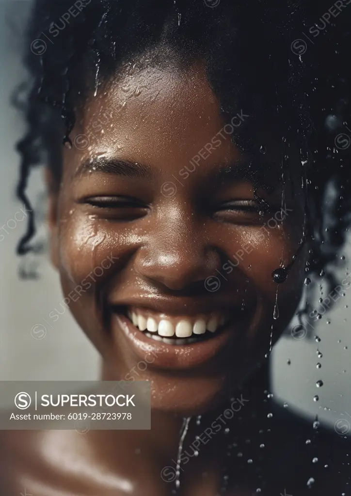 AI Generative. Cute African American splashes water to clean her face