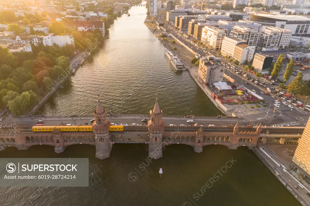 Aerial of Oberbaum Bridge in Friedrichshain., Berlin, Germany