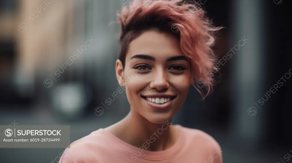 Image Generated AI. Latinamerican girl with hair on pink smiling